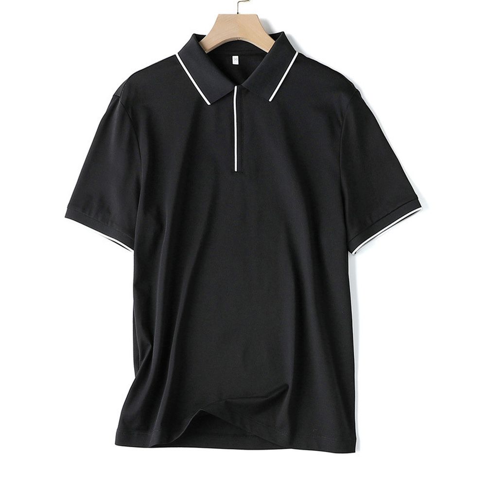 Men's Casual Zipper Neck Silk Polo Short-sleeved T-shirt